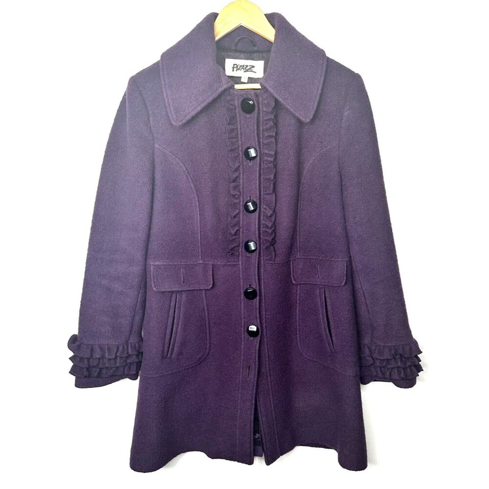 Vintage Pizazz Womens Coat Wool Winter Ruffled Placket & Sleeves Purple Size 12